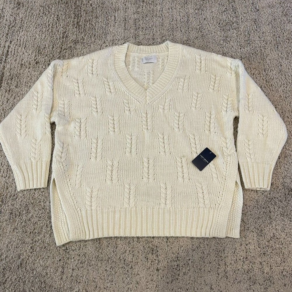 Lucky Brand Women's V Neck Cable Knit Sweater Cream Size Medium NWT